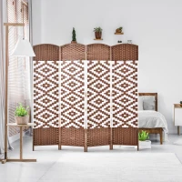 HOMCOM 4 Panel Room Divider, 6 Ft Indoor Portable Folding Privacy Screens, Diamond Hand-Woven Double Hinged Freestanding Partition Wall Dividers for Home Office, Brown(m-8)
