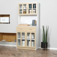 HOMCOM 71" Kitchen Buffet with Hutch, Freestanding Pantry Cupboard with Central Drawer, 2 Glass Door Cabinets and Countertop, White(m-8)