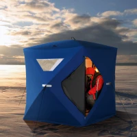 Outsunny 2-4 Person Pop-up Ice Fishing Tent Portable Ice Fishing Shelter with Windproof Windows and Carrying Bag Hub Fish Shelter, Blue(m-8)