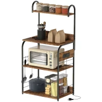 HOMCOM Baker's Rack with Charing Station, Microwave Shelf with Power Outlet, USB Charger and 4 Hooks, Rustic Brown(m-9)