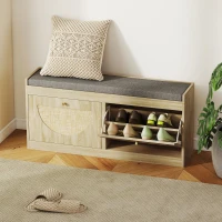 HOMCOM Shoe Bench with Flip Doors, Seat Cushion, Adjustable Shelves for 8 Pairs, Boho Entryway Bench for Bedroom, Natural Wood(m-8)