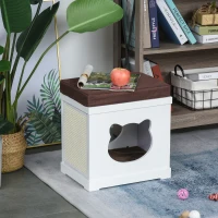 PawHut Wooden Cat Bed Cube House with Soft Padded Cushions, 2 Exterior Scratching Boards, & Interior Space, White(m-10)