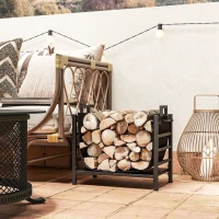 Outsunny Outdoor Firewood Rack with Log Carrier, Heavy Duty Steel Wood Log Storage Stacker for Fireplace, Black(m-1)