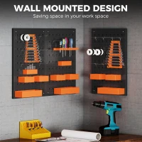 HOMCOM 33 Piece Metal Pegboard Panels, Peg Board with 16 Hooks, Bins and Racks, Black and Orange(m-6)
