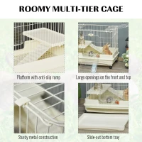 PawHut 2-Level Small Animal Cage Rabbit Hutch with Wheels, Removable Tray, Platform and Ramp for Bunny, Chinchillas, Ferret, White(m-5)