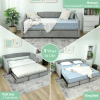 HOMCOM Upholstered Twin Size Trundle Bed, Velvet Twin to King Day Bed with Pop Up Trundle, Headboard and 2 Pockets, Light Grey(m-4)