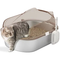 PawHut Stainless Steel Cat Litter Box with High Sided Enclosure, Scoop, Non-Sticky & Anti-Urine Leakage, Easy Cleaning(m-9)