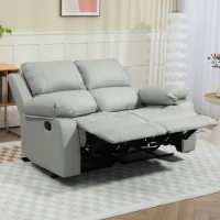HOMCOM PU Leather Manual Recliner Sofa, Double Reclining Loveseat with Pull Tab Control Footrest for Living Room, Light Grey(m-8)