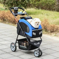 PawHut Foldable Pet Stroller, 5-In-1 Dog Cat Travel Carriage, Carrying Shoulder, Bag Backpack, Stroller, Luggage with Universal Wheel, Canopy, Basket, Cup Holder, Blue(m-10)