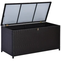 Outsunny Wicker Outdoor Storage Box, 75 Gallon Deck Box with Gas Strut and Clamp Lid, Rattan Patio Storage Container for Gardening Tools, Pool Supplies, Dark Brown(m-2)