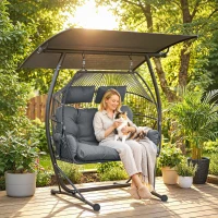 Outsunny Hanging Double Egg Chair Outdoor Egg Swing Chair with Canopy, Cushion, Stand, Dark Grey(m-1)