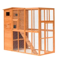 PawHut Outdoor Catio, Cat House Wooden Feral Cat Shelter, Cat Cage with Platforms, Waterproof Asphalt Roof, Ramps, 77" L, Natural(m-1)
