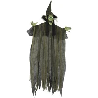Outsunny Animatronics Hanging Witch, Voice-Activated Prop, Flashing Eyes & Wicked Laughter, Scary Halloween Decoration, Green(m-9)
