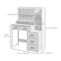 HOMCOM Illuminated Dresssing Table, LED Vanity Table with Mirror, Drawer and Storage Shelves for Bedroom, White(m-3)