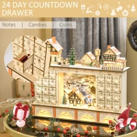 HOMCOM Christmas Advent Calendar, 2022 Light Up Table Xmas Wooden Store Holiday Decoration with Countdown Drawer, Village, for kids Adults, Natural Wood Color(m-5)