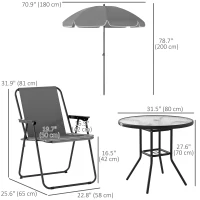 Outsunny 6 Pieces Patio Dining Set with Umbrella, Patio Furniture Set with Folding Chairs, Glass Table for Garden Backyard, Grey(m-3)