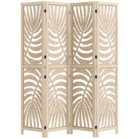 HOMCOM 4 Panel Room Divider, Detachable Folding Privacy Screens with Palm Leaf Design for Home Office, Natural Wood Finish(m-2)
