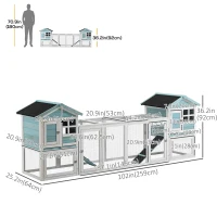 PawHut 102" 2 in 1 Wooden Rabbit Hutch Double Main House Pet Playpen Large Bunny House Enclosure for Indoor Outdoor with Run Box, Slide-out Tray, Ramp, for Rabbits and Small Animals, Blue(m-3)
