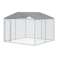 PawHut Outdoor Dog Kennel Galvanized Steel Fence with Cover Secure Lock Mesh Sidewalls for Backyard 9.8' x 9.8' x 7.7'(m-19)