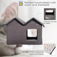 PawHut Double Heated Cat House Portable Indoor/Outdoor Kitty Shelter for Ferral Cat in Winter, Brown(m-4)