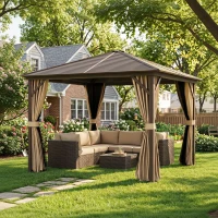 Outsunny 10' x 10' Hardtop Gazebo Outdoor Aluminum Gazebo Canopy with Mosquito Netting, Curtains, Hanging Hook, Brown(m-1)