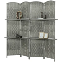 HOMCOM 6 FT Privacy Screen, 4 Panel Room Divider with Shelves for Living Room Bedroom Home Office, Grey(m-9)