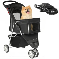 PawHut 3 Wheels Foldable Dog Stroller with Storage Basket, Adjustable Canopy, Cupholder for Miniature and Small Dogs, Black(m-9)