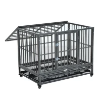 PawHut 36" Heavy Duty Dog Crate Metal Cage Kennel with Lockable Wheels, Double Door and Removable Tray, Gray(m-17)