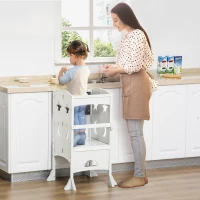 Qaba Kids Kitchen Helper Foldable Step Stool Toddler Kitchen Stool with Blackboard Lockable Handrail for 3-6 Years old White(m-1)