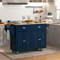 HOMCOM Kitchen Island with Storage, Rolling Kitchen Island with Drop Leaf, Rubber Wood Top and Adjustable Shelves, Navy Blue(m-1)