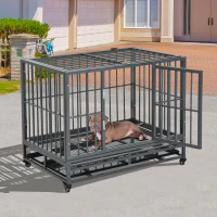 PawHut 36" Heavy Duty Dog Crate Metal Cage Kennel with Lockable Wheels, Double Door and Removable Tray, Gray(m-19)