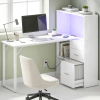 HOMCOM 54" Computer Desk with Drawers, Home Office Desk with Storage, Power Outlets and LED Lights, White(m-8)