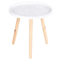 HOMCOM Round Coffee Table, Carved Floral End Table with Tray-style Top and Wooden Legs for Living Room(m-2)