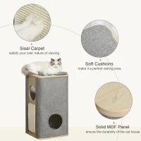 PawHut Wooden Cat Condo 3 Story Barrel Tower w/ Perch Removable Cover Cushions Sisal Scratching Carpet, Grey(m-4)