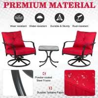 Outsunny 3pcs Outdoor 360° Swivel Metal Rocking Chair with Toughened Glass Coffee Table Set Garden Rocker & Tea Table Set w/ Cushion Red(m-5)