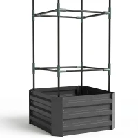Outsunny Galvanized Planter Box, Outdoor Raised Garden Bed with 3-Tier Trellis Tomato Cage for Climbing Vines, Vegetables, Grey(m-10)