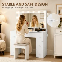 HOMCOM Vanity Desk with 10 Dimmable LED Lights, Mirror Dressing Table with 7 Drawers and Charging Station, White(m-7)