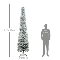 HOMCOM 9ft Snow-Flocked Artificial Christmas Tree, Slim Pencil Xmas Tree with 714 Realistic Branches, Metal Base, Green(m-3)