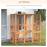 PawHut Outdoor Cat House Big Catio Wooden Feral Cat Shelter Enclosure with Large Spacious Interior, 6 High Ledges, Weather Protection Asphalt Roof, 71" L, Orange(m-5)