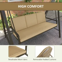 Outsunny 3 Seater Patio Swing Chair, Porch Swing with Adjustable Canopy and Removable Cushions, Outdoor Swing Seat, Beige(m-5)