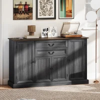 HOMCOM Farmhouse Sideboard with Charging Station and Thickened Top, 58" Buffet Cabinet with 2 Soft-Close Drawers, Black(m-9)