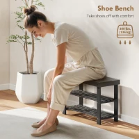 HOMCOM Bamboo Shoe Storage Bench, 3-Tier Entryway Bench with 2 Storage Shelves for Hallway, Holds 6 Pairs, Black(m-5)
