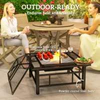 Outsunny 31.9" x 31.9" x 27.8" 2-in-1 Outdoor Fire Pit Firepit with BBQ Grill Grate, Wood Fire Pit with Adjustable Foot Pads, Outer Ledge, Poker, Mesh Lid for Backyard, Black(m-7)
