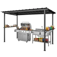 Outsunny 12' x 6' Hardtop Grill Gazebo, BBQ Gazebo with 2 Side Shelves and Galvanized Metal Slope Roof, Black(m-2)