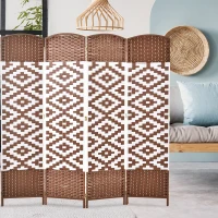 HOMCOM 4 Panel Room Divider, 6 Ft Indoor Portable Folding Privacy Screens, Diamond Hand-Woven Double Hinged Freestanding Partition Wall Dividers for Home Office, Brown(m-7)
