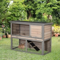 PawHut 2-tier Wood Rabbit Hutch Backyard Bunny Cage Habitat Small Animal House w/ Ramp, Slide Out Tray and Outdoor Run, Light Grey(m-8)