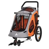 Aosom Dog Bike Trailer 2-In-1 Pet Stroller Cart Bicycle Wagon Cargo Carrier Attachment for Travel with 360 Swivel Wheel Reflectors Parking Brake Straps Cup Holder Orange(m-1)