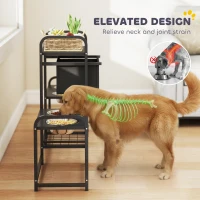 PawHut 3 Height Adjustable Dog Bowl Stand with 2 Feeding Stations, Toy Bin Basket, Black(m-6)