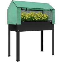 Outsunny Raised Garden Bed Planter with PE Greenhouse Cover, Elevated Garden Bed Box with Drainage Hole for Flowers, Black(m-9)
