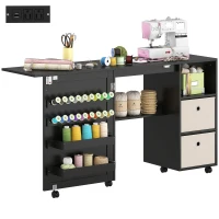 HOMCOM Rolling Sewing Machine Table with Power Outlet, Folding Craft Table with 2 Fabric Drawers, 2 Bins and 18 Pegs, Black(m-9)